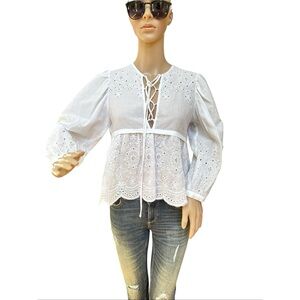 Zara White Cotton Eyelet Cropped Blouse, XS